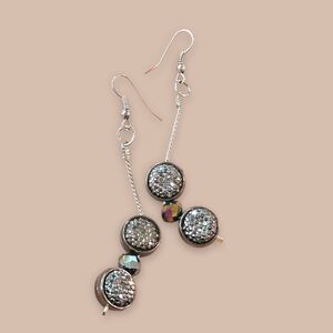 Silver Tone Linear Drop Earrings with Glitter Disc and Faceted Bead Accents